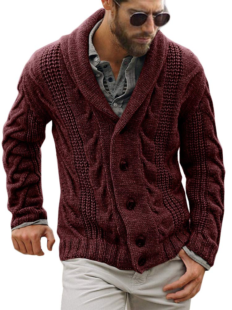 Karlywindow Mens Cable Knit Cardigan Sweater Shawl Collar Loose Fit Long Sleeve Casual Cardigans Burgundy - Image 1